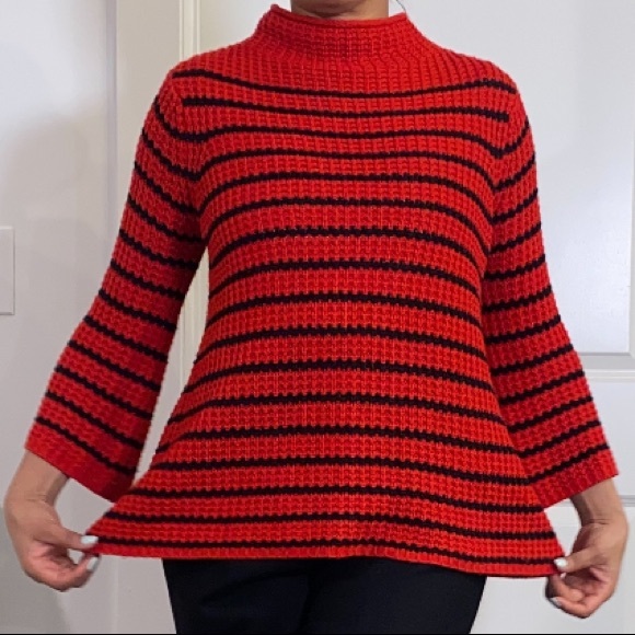 New Direction Red &  Black Stripe Mock Neck Knit Flare Sweater Size L - Picture 9 of 11